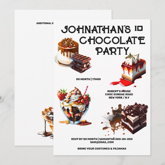 Invitation Gâteau au chocolat dessert fête pour enfants thème (Devant / Derrière)