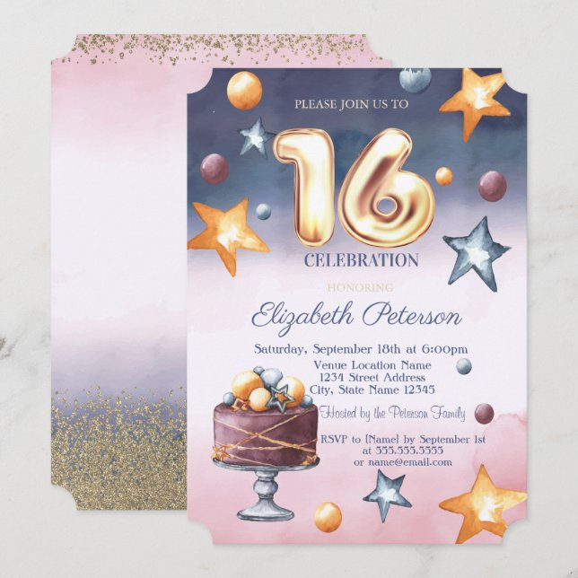 Invitation Gâteau aux étoiles ombrées à l'aquarelle Diamants  (Devant / Derrière)