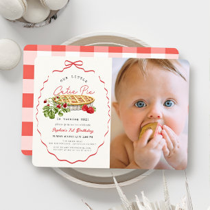 Invitation Gâteau aux fraises avec ruban rouge pour 1er anniv