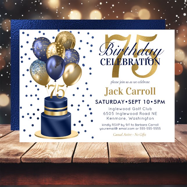 Invitation Gâteau avec ballons bleu marine pour 75e anniversa (Créateur téléchargé)