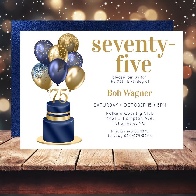 Invitation Gâteau avec ballons bleu marine pour 75e anniversa (Créateur téléchargé)