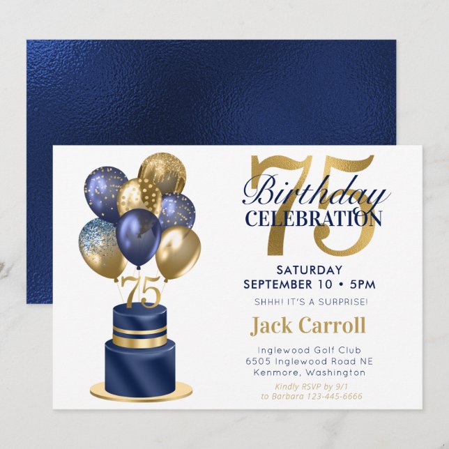 Invitation Gâteau avec ballons bleu marine pour 75e anniversa (Devant / Derrière)