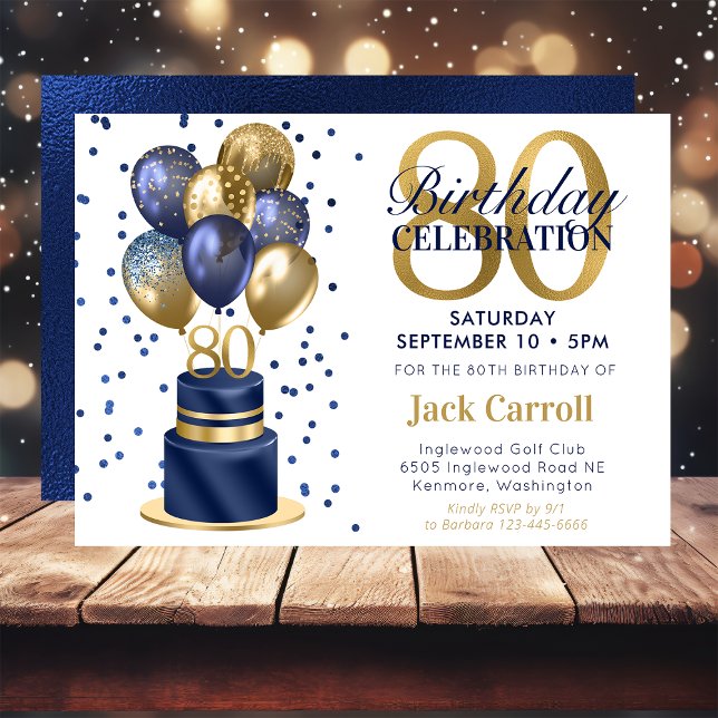 Invitation Gâteau avec ballons bleu marine pour 80e anniversa (Créateur téléchargé)