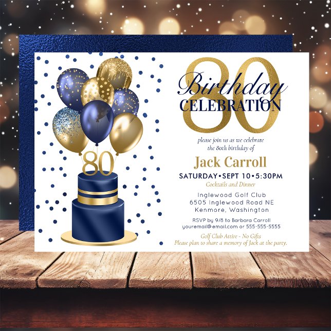 Invitation Gâteau avec ballons bleu marine pour 80e anniversa (Créateur téléchargé)