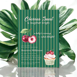 Invitation Gâteau Baby Shower Cupcake Cerise à Rayure Verte