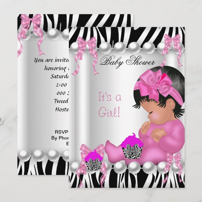 Invitation Gâteau bébé fille mignon shower rose zèbre (Devant / Derrière)