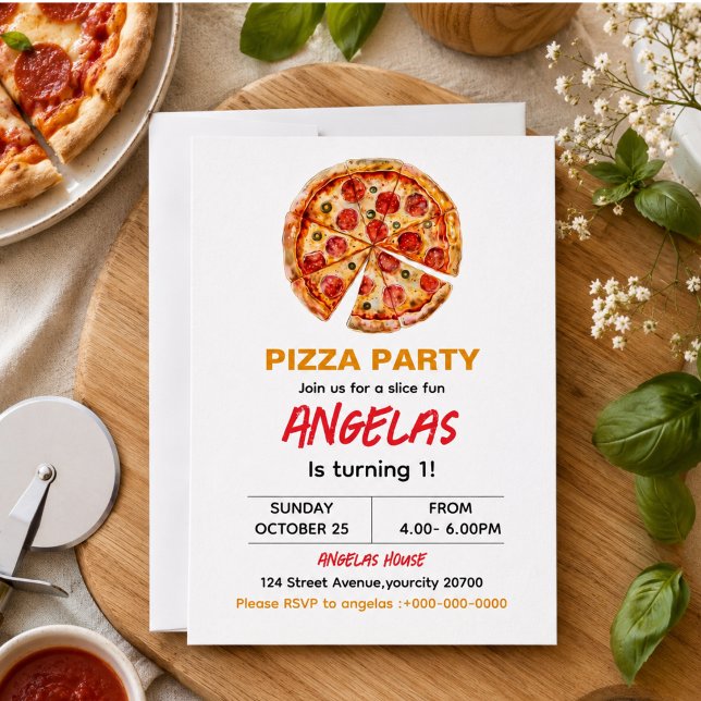 Invitation Gâteau bébé pizza Modern Slice pour 1er anniversai (Modern Slice Slice Baby Pizza 1st Birthday Invitation)