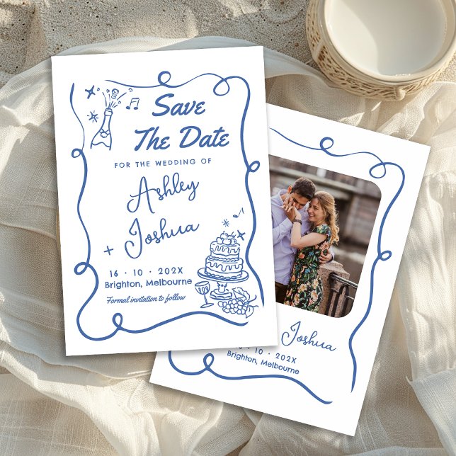 Invitation Gâteau Bleu Mâle Levé À La Main Enregistrer La Car (Whimsical Blue Hand Drawn Wedding Save The Date Card, Trendy Blue Line Save The Date Card With Photo)