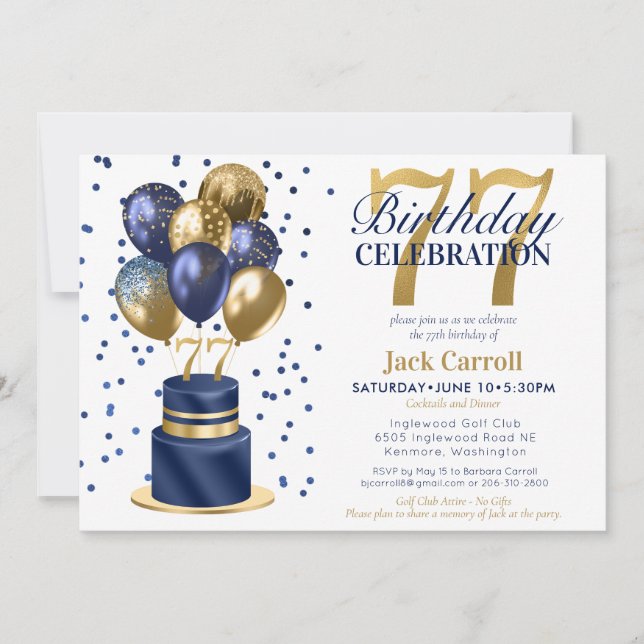 Invitation Gâteau bleu pour 77e anniversaire (Devant)