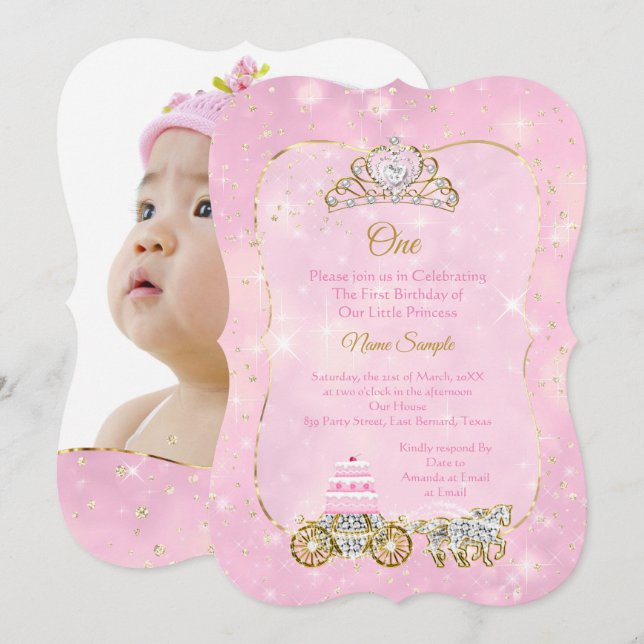 Invitation Gâteau Carrosse Rose Cendrillon pour une fête de 1 (Devant / Derrière)