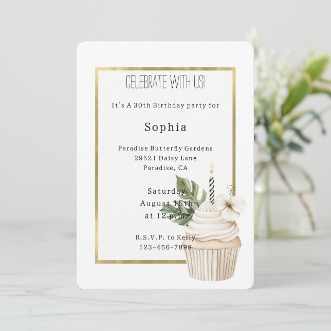 Invitation Gâteau Cupcake Anniversaire Fleur d'Hibiscus Feuil (Debout devant)