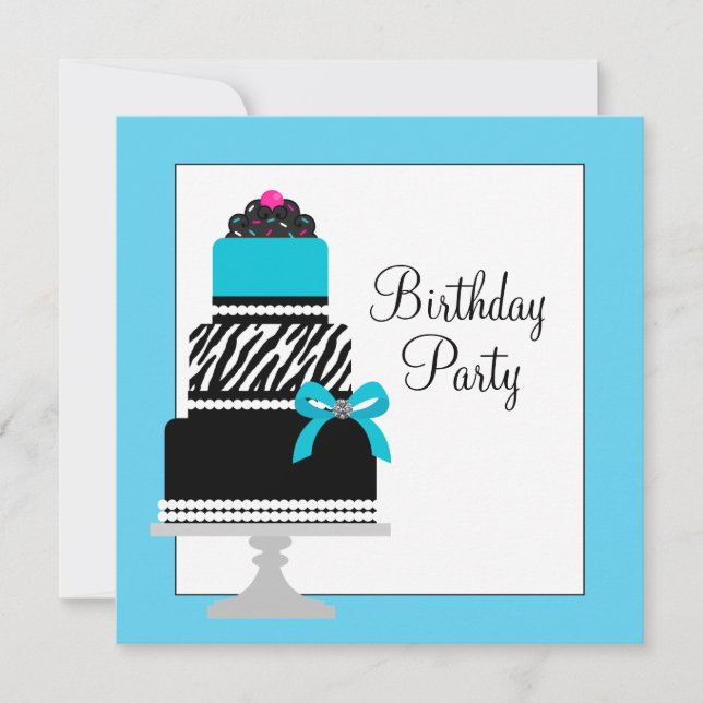 Invitation Gâteau cupcake anniversaire Zèbre Bleu sarcelle Fê (Devant)