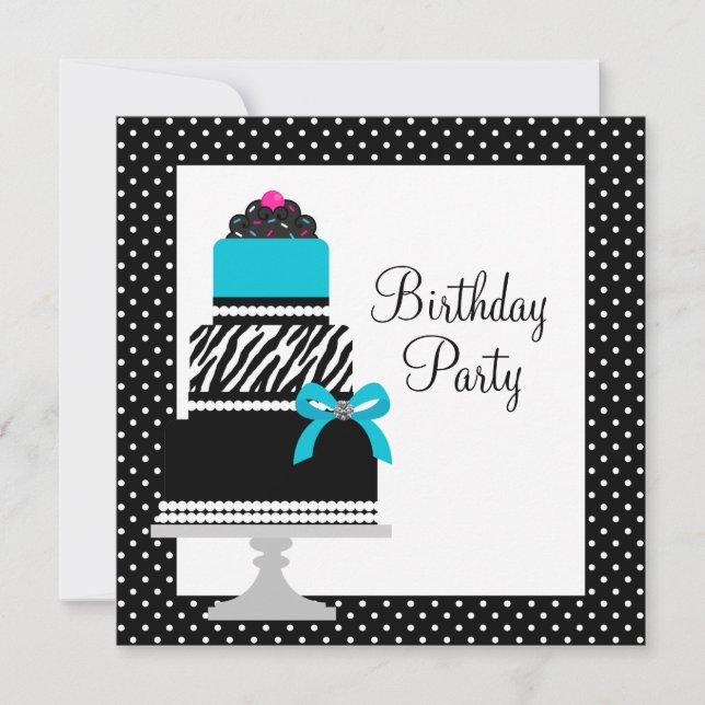 Invitation Gâteau cupcake anniversaire Zèbre Bleu sarcelle Fê (Devant)