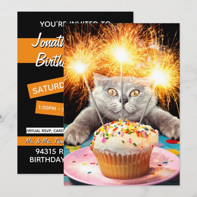 Invitation Gâteau Cupcake au Chat avec Étoile (Devant / Derrière)