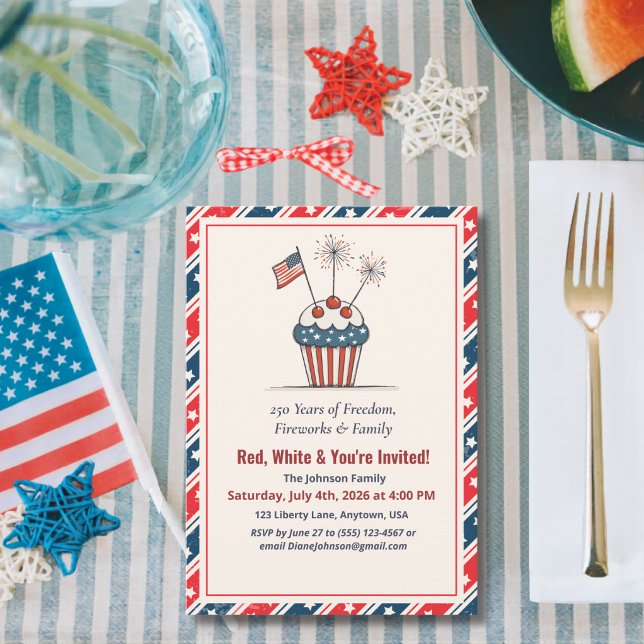 Invitation Gâteau Cupcake Feu d'Artifice 4 Juillet Amérique 2 (Créateur téléchargé)