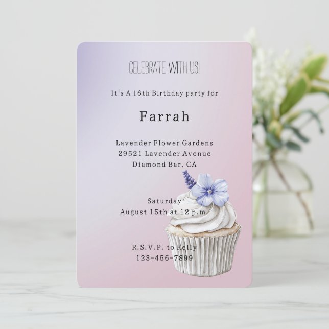 Invitation Gâteau Cupcake Fleur de Lavande Anniversaire   (Debout devant)