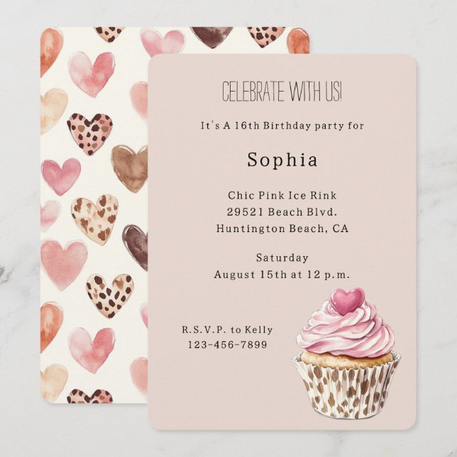 Invitation Gâteau Cupcake Léopard Rose Crème Anniversaire (Devant / Derrière)
