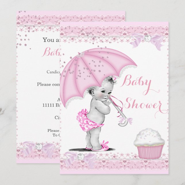 Invitation Gâteau Cupcake Parapluie Rose pour Fête de Bébé Fi (Devant / Derrière)