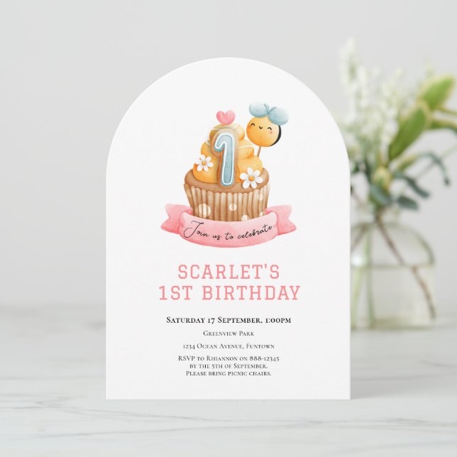 Invitation Gâteau Cupcake Pink Sunshine 1er anniversaire (Debout devant)