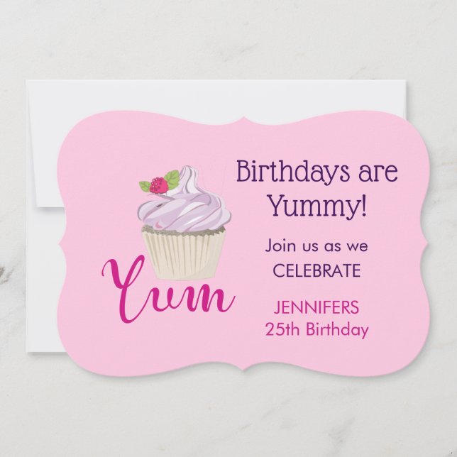 Invitation Gâteau Cupcake Rose Rêveur avec Yum à la Framboise (Devant)