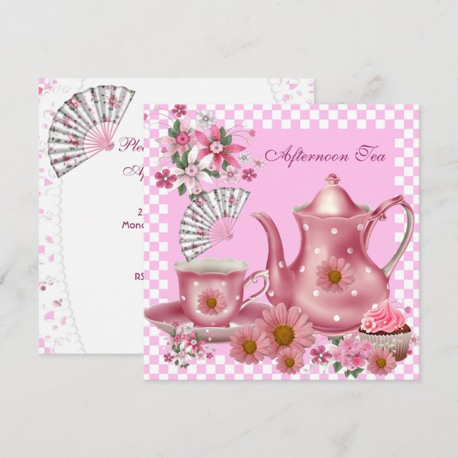Invitation Gâteau Cupcake Thé de l'Après-midi Rose Fleur Teap (Devant / Derrière)