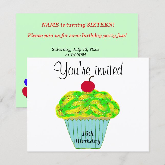 Invitation Gâteau cupcake vanille avec glaçage jaune et vert  (Devant / Derrière)
