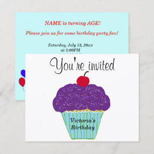 Invitation Gâteau Cupcake Vanille Glaçage Violet Cerise Tout