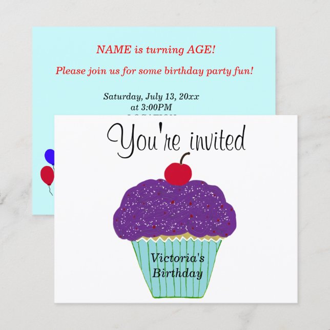 Invitation Gâteau Cupcake Vanille Glaçage Violet Cerise Tout  (Devant / Derrière)