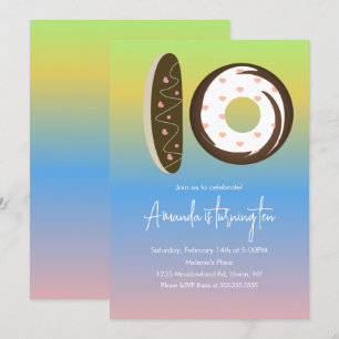Invitation Gâteau d'anniversaire 10 ans Donuts Rainbow Ombré