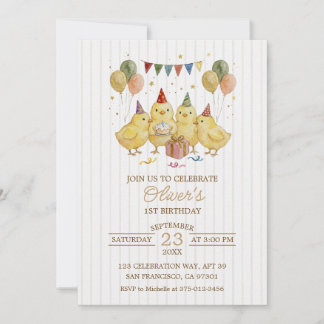 Invitation Gâteau d'anniversaire 1ère année Chicks Aquarelle