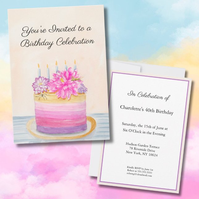Invitation Gâteau d'anniversaire 40 ans avec Dahlia et insect (Créateur téléchargé)
