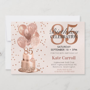 Invitation Gâteau d'anniversaire 85 ans or rose