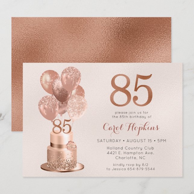 Invitation Gâteau d'anniversaire 85 ans or rose (Devant / Derrière)