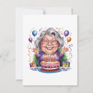 Invitation Gâteau d'anniversaire art pour dame âgée excitée