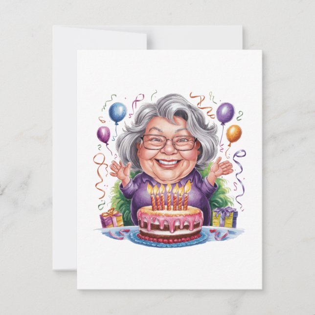 Invitation Gâteau d'anniversaire art pour dame âgée excitée (Devant)