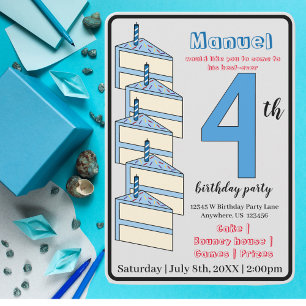 Invitation Gâteau d'anniversaire bleu 4e fête d'anniversaire