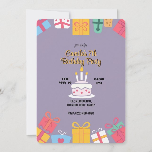 Invitation Gâteau d'anniversaire coloré avec cadeaux (Devant)