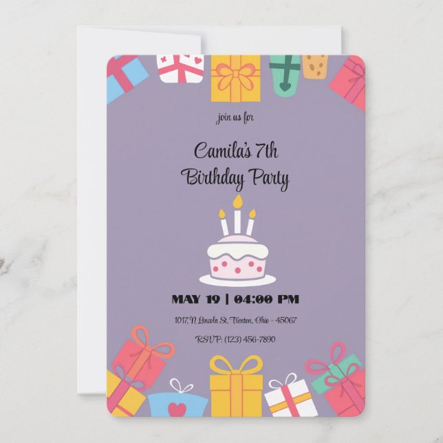 Invitation Gâteau d'anniversaire coloré et présents (Devant)