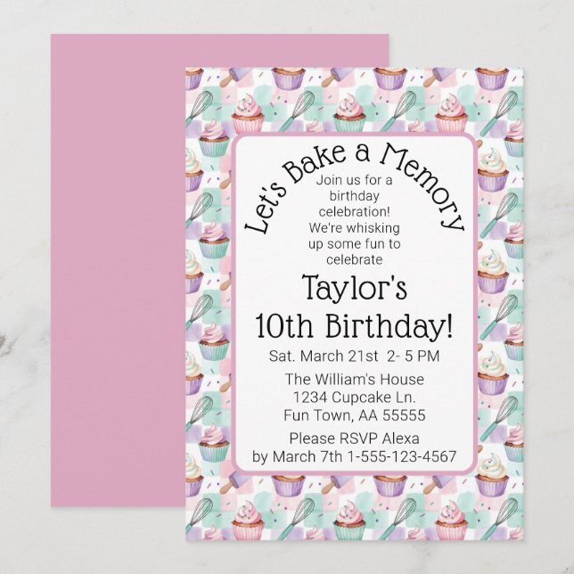 Invitation Gâteau d'anniversaire Cupcake Aquarelle Faisons un (Devant / Derrière)