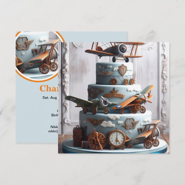Invitation Gâteau d'anniversaire d'avion rétro vintage (Devant / Derrière)