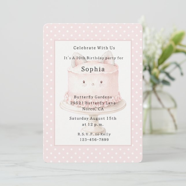 Invitation Gâteau d'anniversaire de chaton rose mignon (Debout devant)