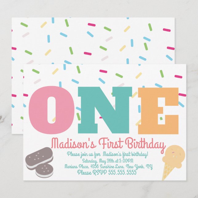 Invitation Gâteau d'anniversaire de filles pastel avec paille (Devant / Derrière)