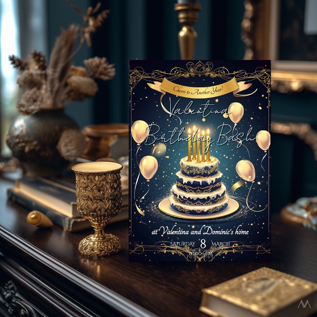 Invitation Gâteau d'anniversaire de luxe | Or élégant et mari (Créateur téléchargé)