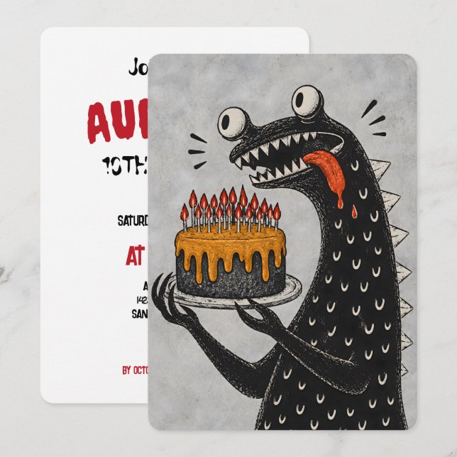 Invitation Gâteau d'anniversaire de monstre drôle Créature ef (Devant / Derrière)