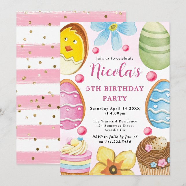 Invitation Gâteau d'anniversaire de Pâques à l'aquarelle 5e a (Devant / Derrière)