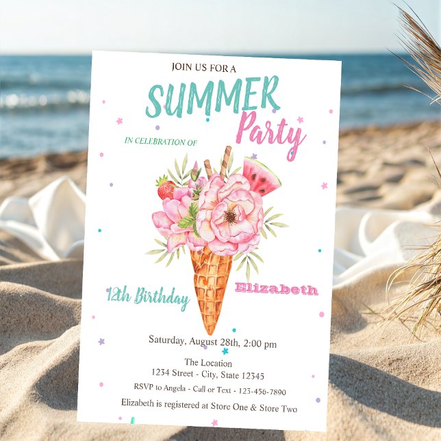 Invitation Gâteau d'anniversaire d'été floral glace à l'eau c (Créateur téléchargé)