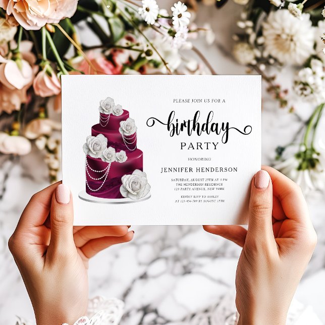 Invitation Gâteau d'anniversaire élégant bordeaux Fête (Elegant Burgundy Birthday Cake Party Invitation)