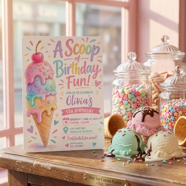 Invitation Gâteau d'anniversaire en glace pastel | Une cuille (Créateur téléchargé)