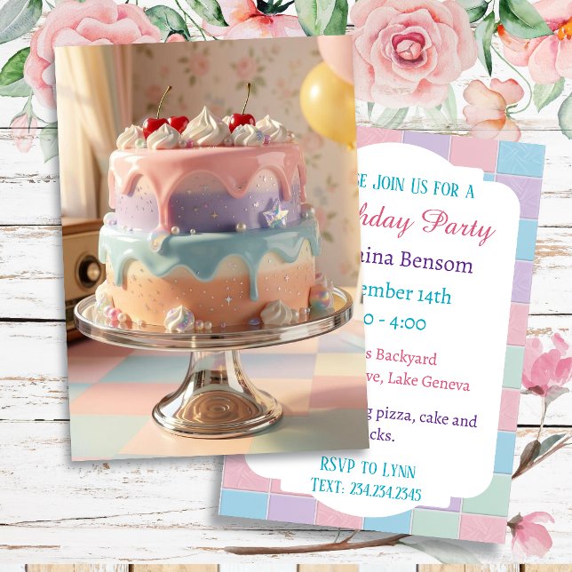 Invitation Gâteau d'anniversaire en verre pastel avec des cer (Créateur téléchargé)