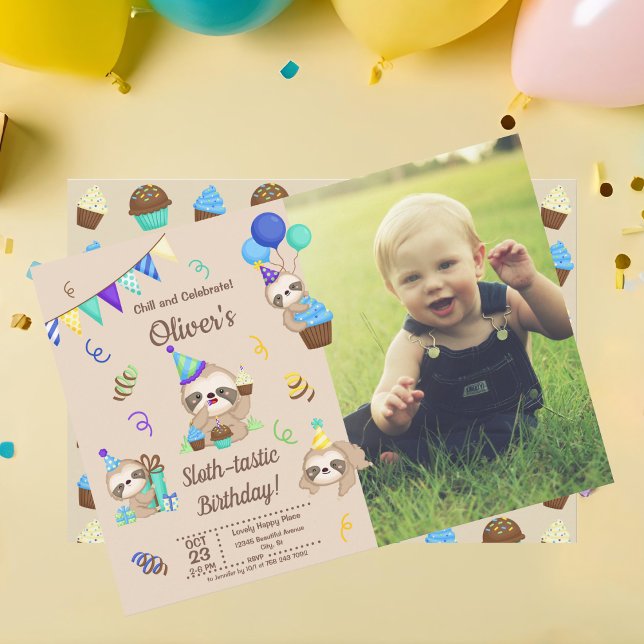 Invitation Gâteau d'anniversaire et cadeaux de sloth heureux (Créateur téléchargé)